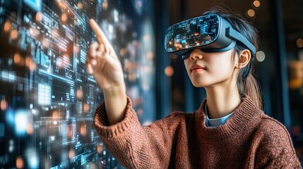 A woman interacts with a digital display using VR. This tech could be applied to data visualization, interactive learning, or immersive gaming experiences.