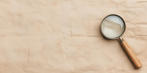 A magnifying glass with a wooden handle lies on crumpled brown paper, providing a vintage and investigative feel, perfect for exploration-themed concepts.