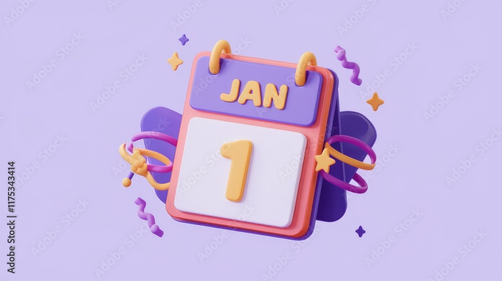 Aufkleber a 3d render of a calendar showing january 1st, decorated with colorful, playful elements.