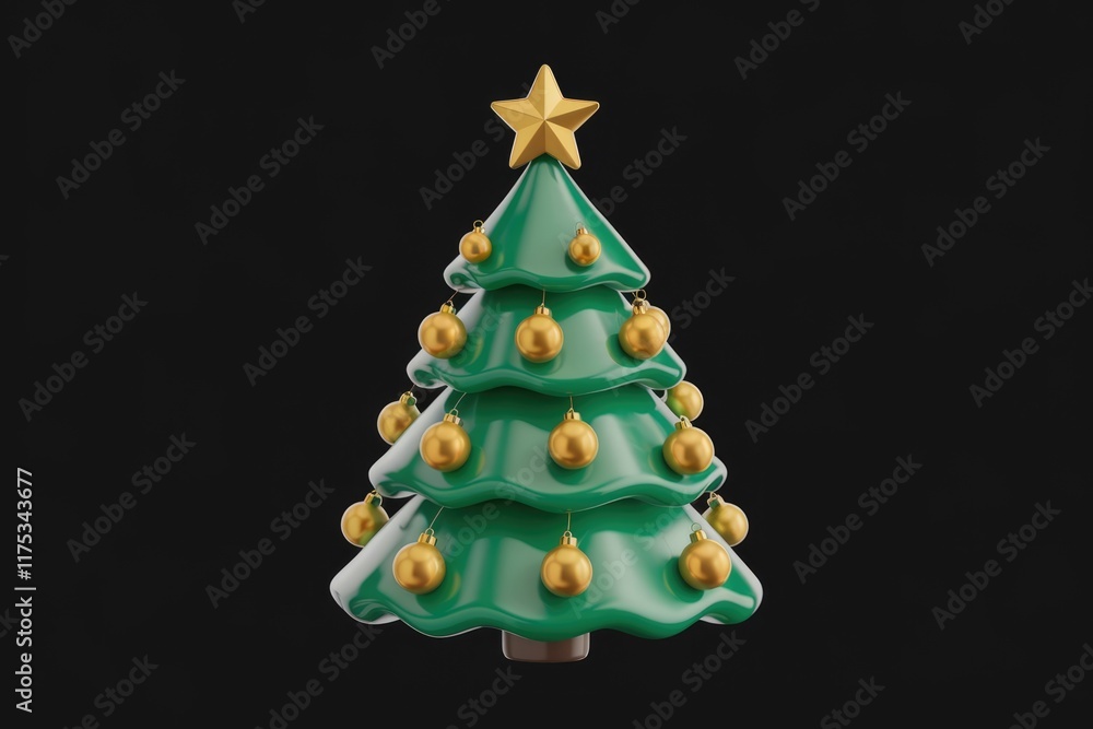 Poster a stylized 3d rendering of a green christmas tree adorned with golden ornaments and a star.