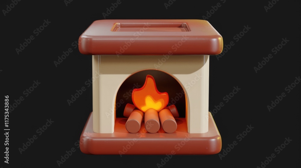 Poster a minimalist 3d rendering of a fireplace with a stylized flame and logs.