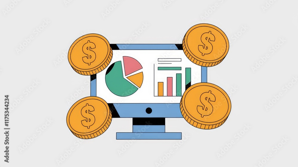 Poster financial data displayed on a computer screen surrounded by dollar coins, illustrating financial ana