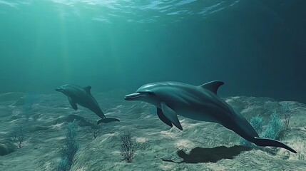 Fototapeta premium Underwater Serenity: Dolphins Grace the Ocean Floor