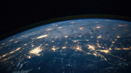 Obraz premium Earth at Night: A breathtaking view of our planet's illuminated cities and landscapes from space, showcasing the beauty and complexity of human civilization against the backdrop of the cosmos.