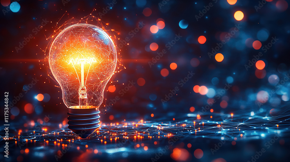 Poster glowing light bulb with abstract network background