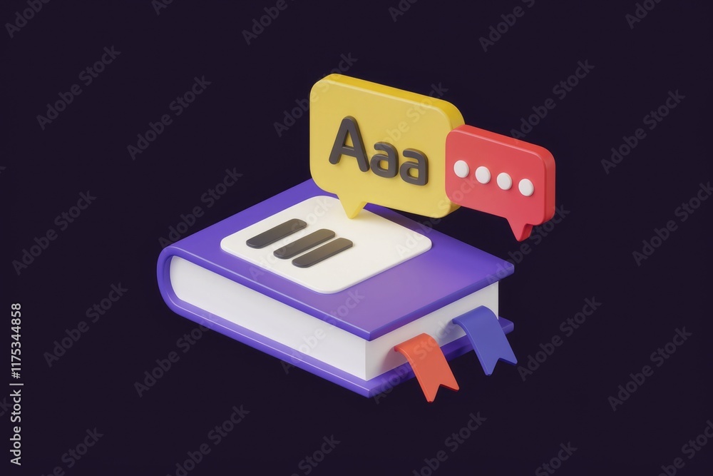 Poster a 3d illustration of a book with speech bubbles indicating online learning or reading.