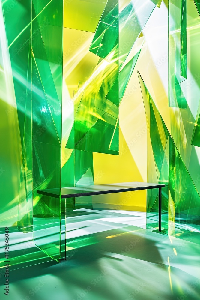 Poster brightly colored glass structures create dynamic interplay of li