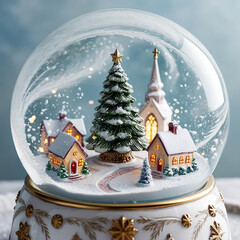 Snow globe with Christmas tree in snow on blurred lights background. Banner with Christmas or New Year winter scene. 3d render holiday concept. Design for greeting card, invitation with copy space.