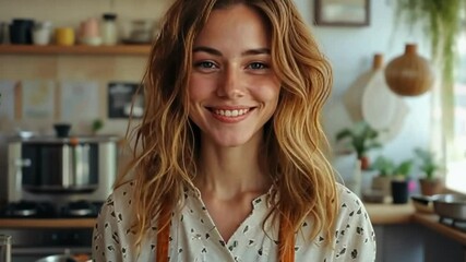 Smiling woman in an apron shares her passion for cooking in a cozy kitchen setting filled with plants