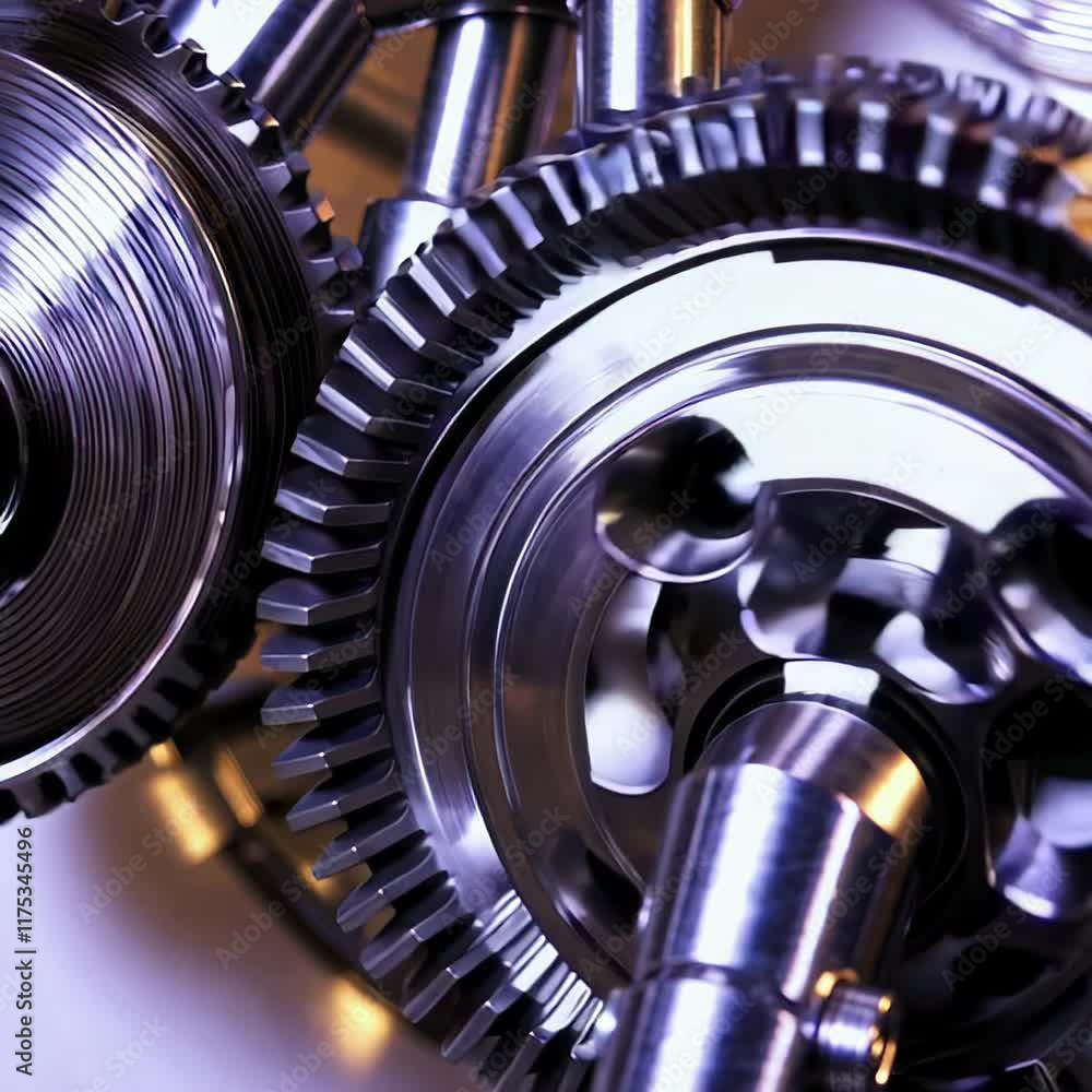 Poster detailed close-up of interlocking metallic gears in a mechanical system