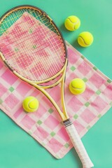 Colorful tennis racket rests on vibrant picnic blanket with brig