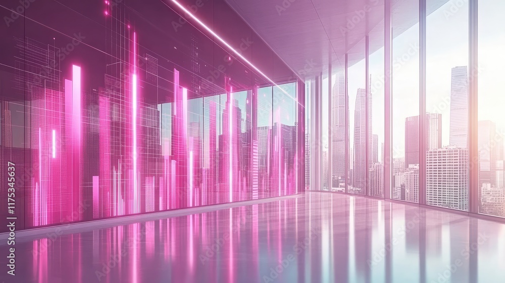 Poster modern empty office interior with glowing digital city view projection on wall. futuristic workspace