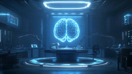 Obraz premium A cold futuristic lab with steel blue tones, robotic arms crafting neural interface devices and a glowing holographic brain rotating in the center