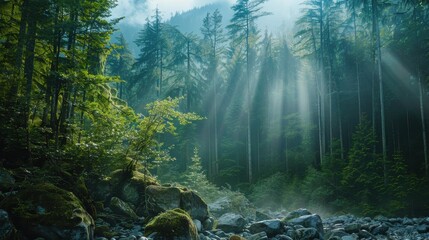 Obraz premium Tranquil Forest Scene with Sunlight Filtering Through Tall Trees and Mist Rising Above Rocky Stream in Lush Green Wilderness