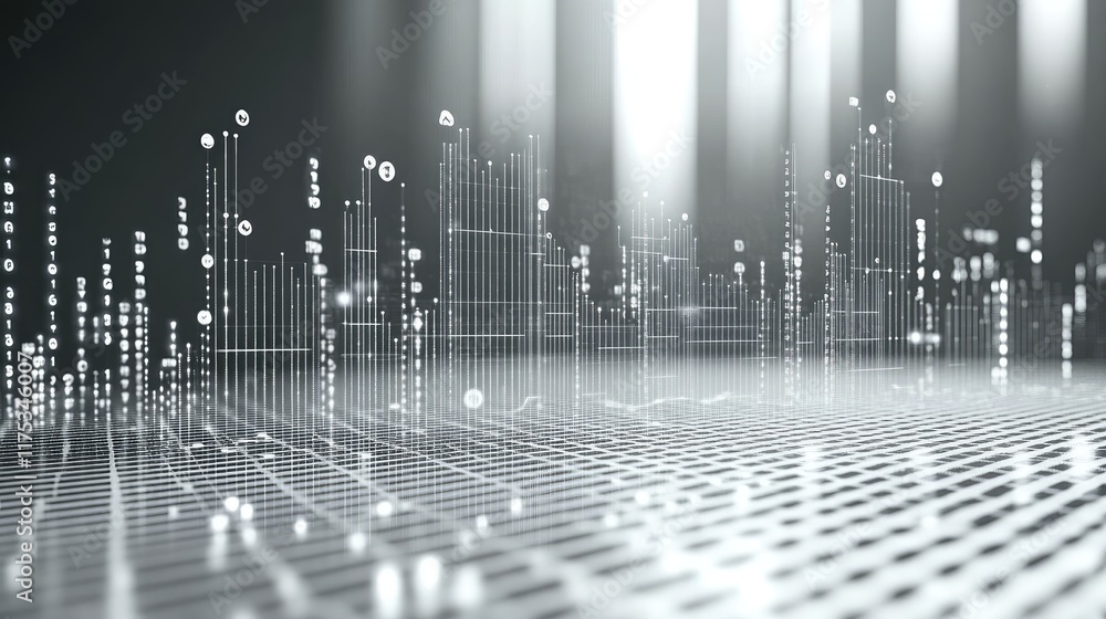 Poster abstract futuristic cityscape visualization with data points and grid lines. ideal for technology pr