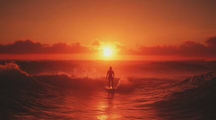 Surfer silhouetted against a vibrant sunset ocean.