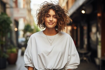 Fototapeta premium Fashionable Individual in Urban Street Setting Wearing White Top and Necklace