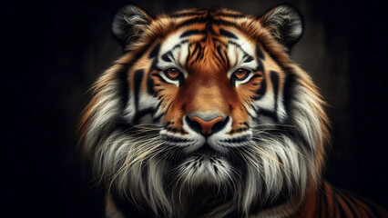 Vivid AI Tiger Portrait: Radiant Neon Highlights and Piercing Golden Gaze Against a Black Void