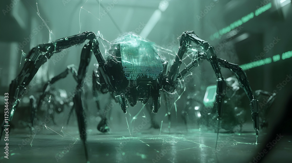 Poster a dark futuristic lab in shades of gray and green, spider-like robots creating synthetic fabrics, wi