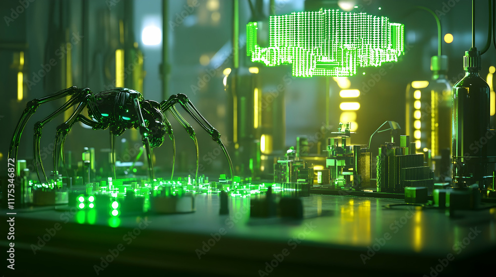Poster a dim futuristic lab with pulsating green lights, spider-like robots repairing microcircuits and a h
