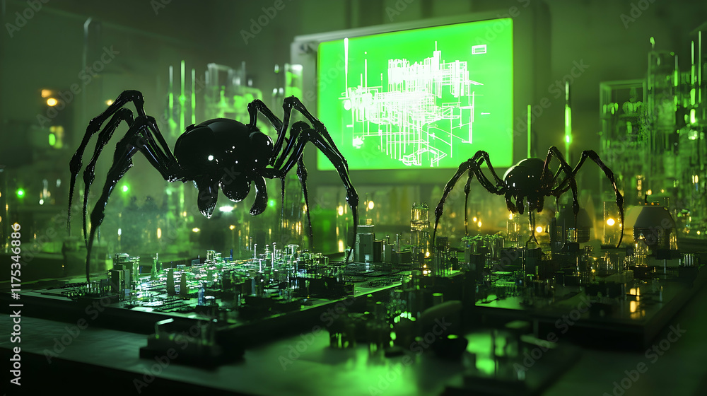 Poster a dim futuristic lab with pulsating green lights, spider-like robots repairing microcircuits and a h