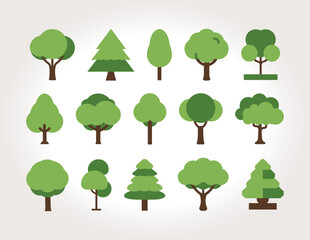 "Collection of Fifteen Minimalistic Flat Tree Designs in Green Tones"