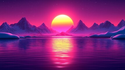 Vibrant Sunset Over Serene Mountains and Calm Waters