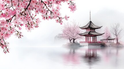 Naklejka premium Misty lake, cherry blossoms, and tranquil pagoda