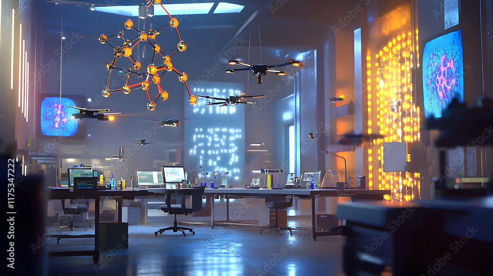 Poster a dynamic futuristic lab with rotating led lights, drones flying between workstations and holographi