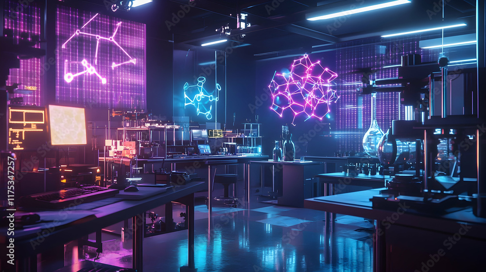Poster a dynamic futuristic lab with rotating led lights, drones flying between workstations and holographi