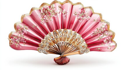 Ornate pink hand fan, floral details, gold accents