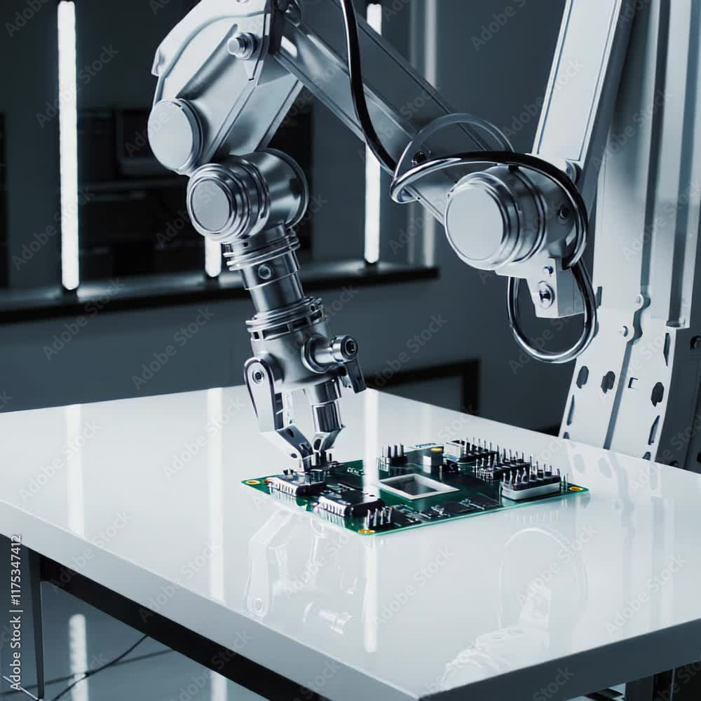 Aufkleber robotic arm assembling a circuit board on a clean white table in a modern laboratory.