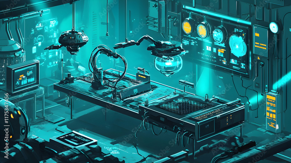 Poster a futuristic lab bathed in teal and black colors, with floating drones conducting experiments and ro