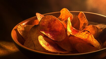 Spicy potato chips in bowl, dimly lit. Food photography.