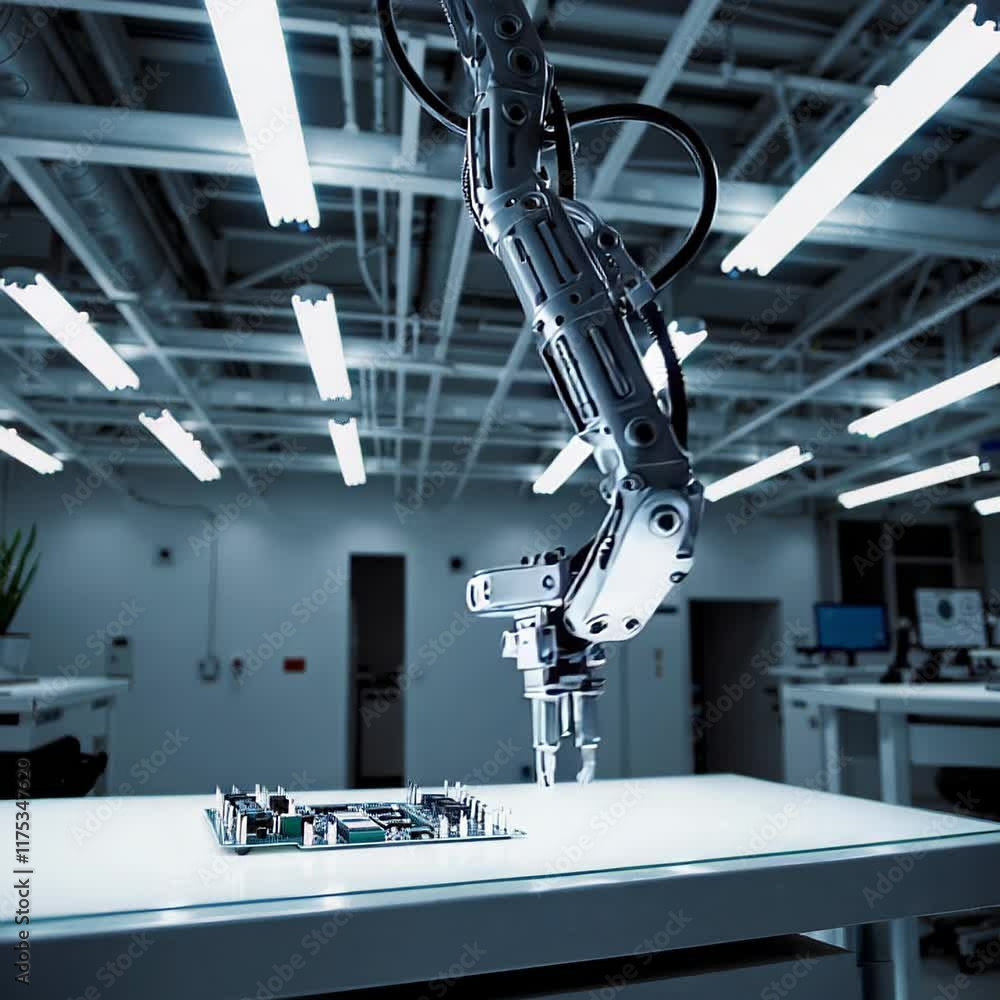 Poster advanced robotic arm working on a circuit board in a futuristic laboratory under bright lighting