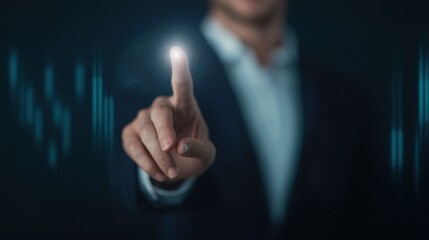 A businessman touches a glowing interface, symbolizing technology and digital interaction in a dark environment.