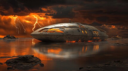 Crash Landed Spaceship During a Fiery Storm