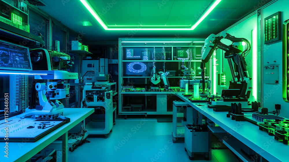 Poster a futuristic lab with glowing green lights, robots working on 3d-printed components and walls lined 