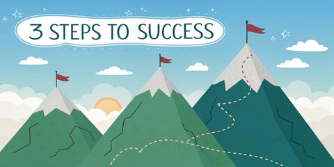 A 3 Steps to Success Concept Featuring 3 Mountains for Motivational Use