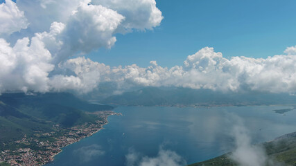 Aerial view on clouds over Kotor Bay