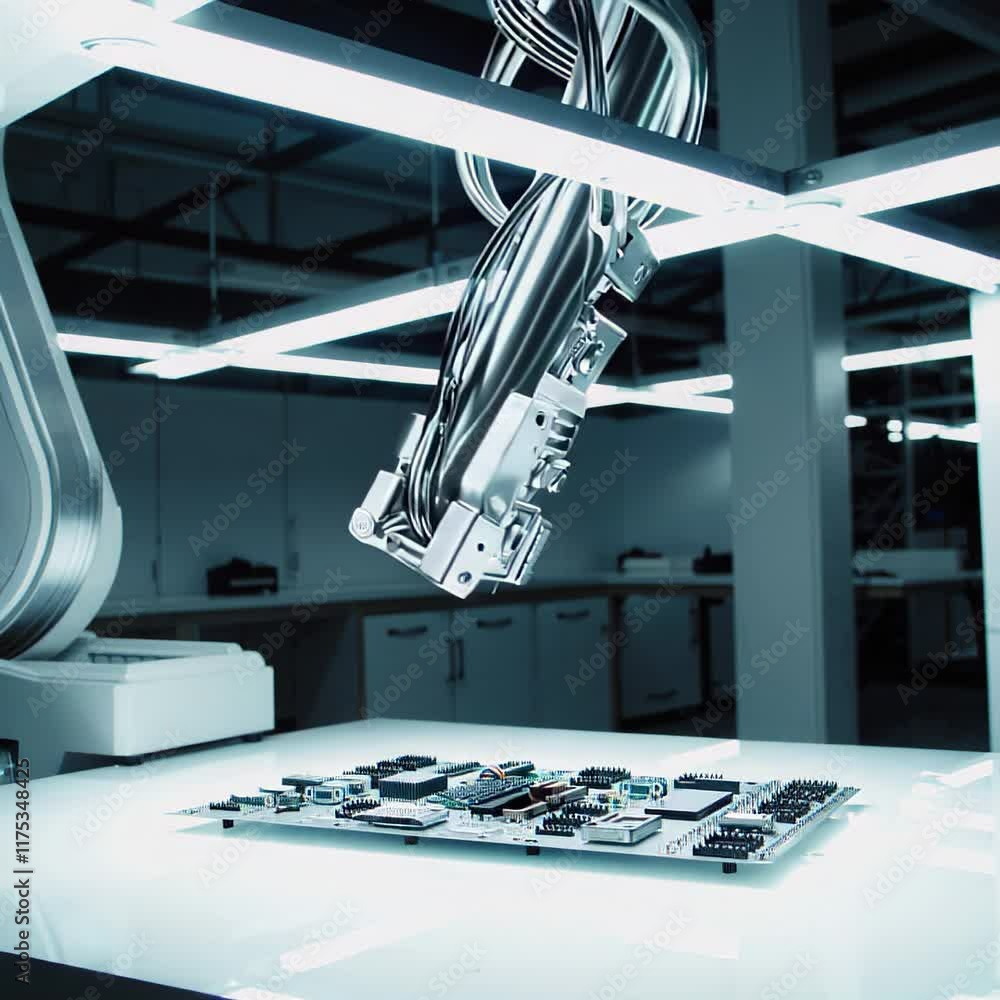 Aufkleber robotic arm assembling intricate components on a circuit board in a high-tech laboratory.