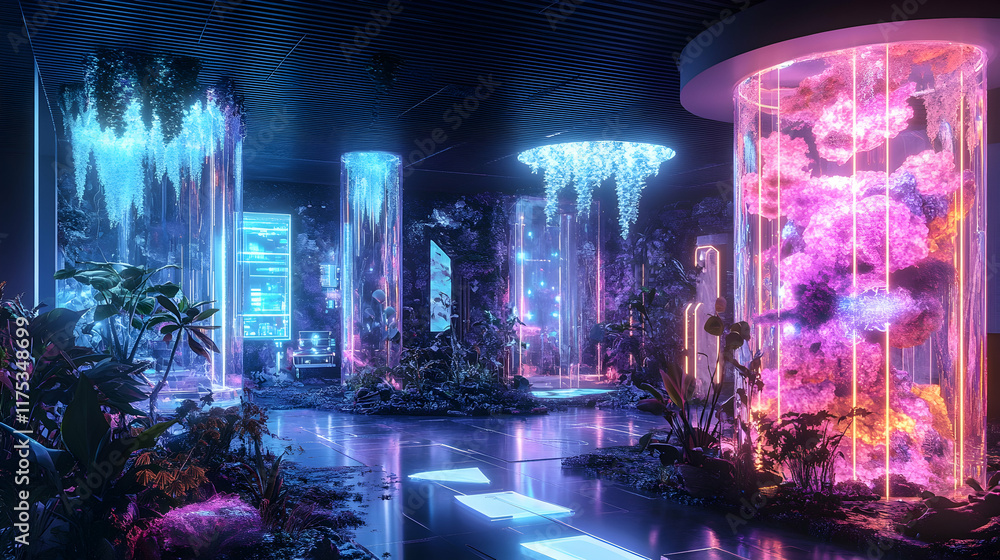 Canvas Prints a glowing futuristic lab with walls made of living crystals, robots creating modular tech gadgets an