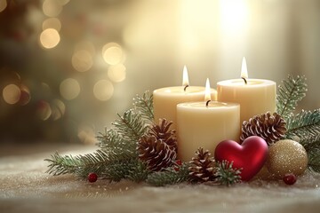 A festive arrangement of candles, pinecones, and ornaments for a cozy holiday atmosphere.
