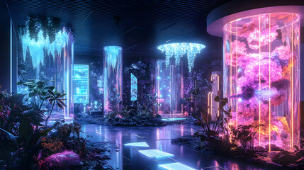 Obraz premium A glowing futuristic lab with walls made of living crystals, robots creating modular tech gadgets and holographic plants growing in mid-air