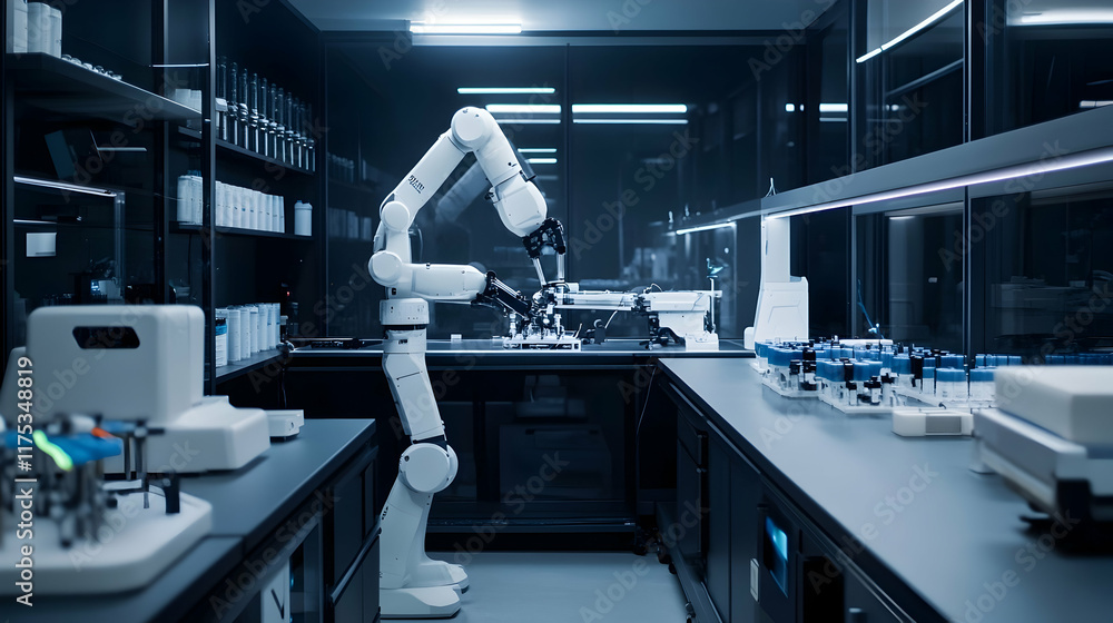 Poster a high-tech futuristic lab with matte black walls, humanoid robots fabricating ai-powered drones and