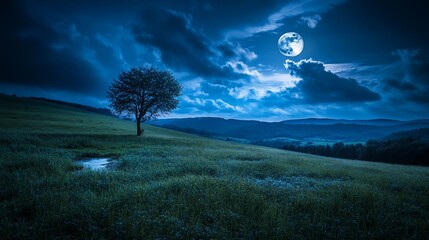 Fototapeta premium Solitary Tree Under a Full Moon's Glow