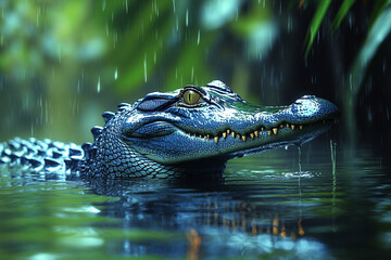 Fototapeta premium Young Alligator in Rain Peaceful Jungle Scene