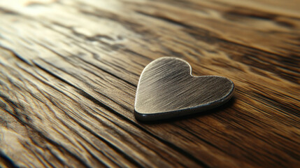 Fototapeta premium A tilted guitar pick rests on a smooth wooden surface, softly lit to highlight its curves and texture, creating a simple, elegant scene of quiet focus and musical anticipation.