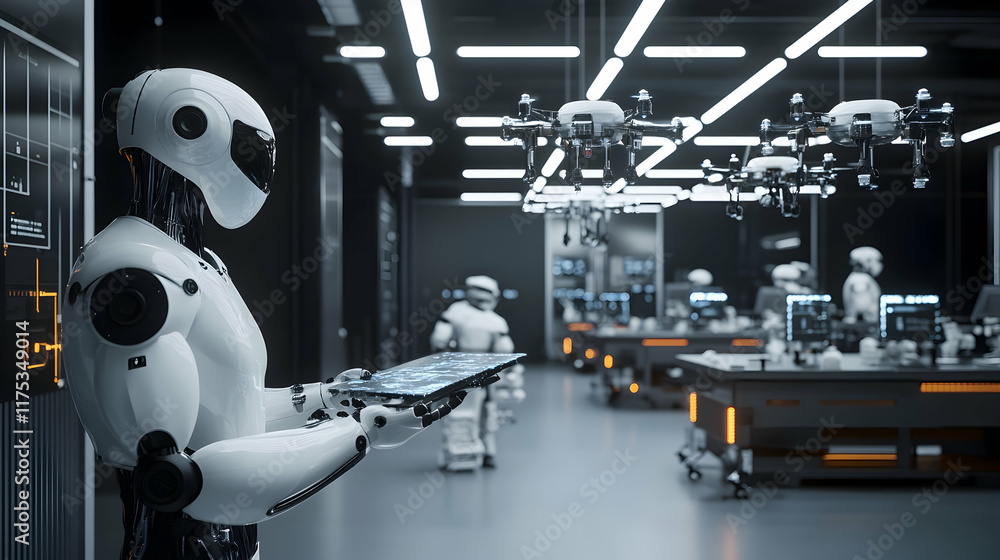 Poster a high-tech futuristic lab with matte black walls, humanoid robots fabricating ai-powered drones and