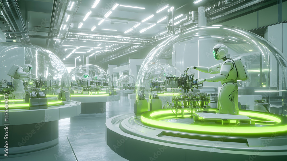 Poster a massive futuristic lab with transparent domes, humanoid robots managing production lines of bio-sy